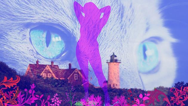 an animated image showing a cat, a girl and a lighthouse